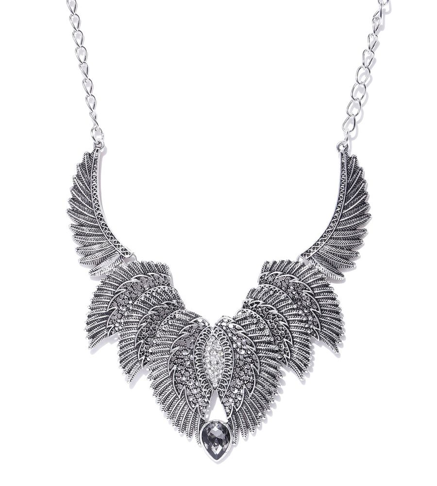 YouBella Oxidised Silver-Plated Textured Stone-Studded Necklace